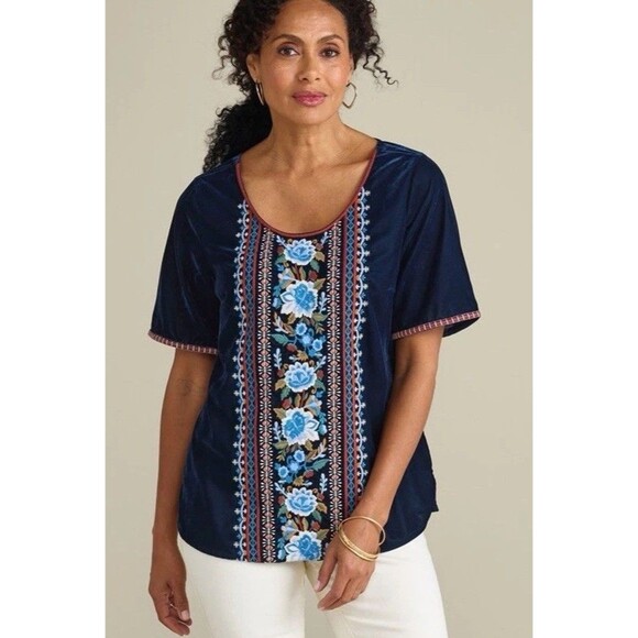 NEW Soft Surroundings Large Blue Velvet Floral Embroidered Boho Top Short Sleeve - Picture 1 of 12